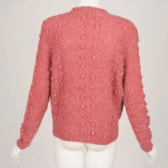 1970s Vintage Floral Intarsia Pink Nubby Wool Tassel Cardigan Sweater Sz M - Picture 5 of 6